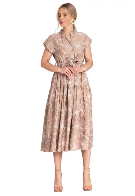 Дълга рокля с флорален принт  M1180 - висока яка - бежово - вискоза - найлон - Един размер