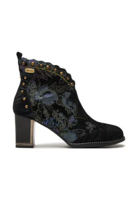 Дамски боти -  естествена кожа - флорален принт - стабилен ток - черен