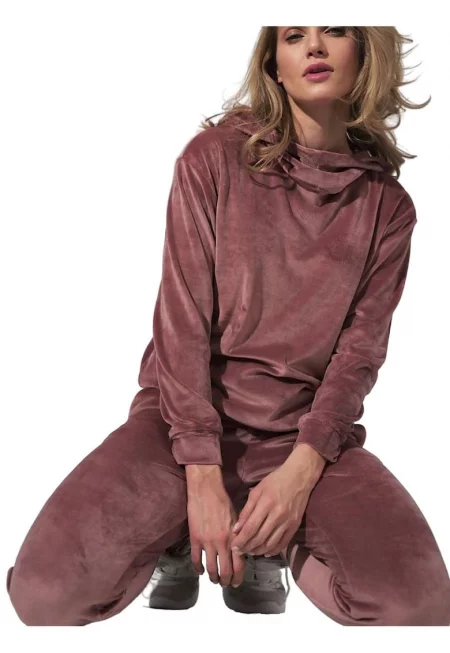 Дамски суичър  розов - велурен - с качулка - дълъг ръкав - висока яка