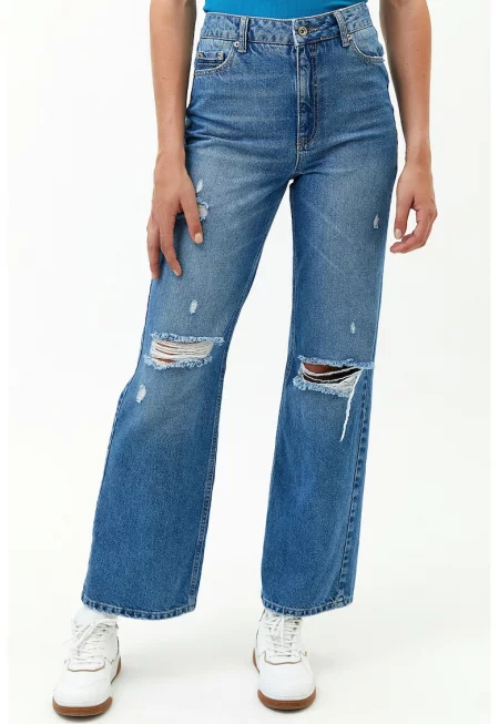 Дънки с широк крачол и миди талия - Син