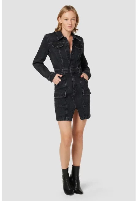 Дънкова рокля с дълъг ръкав и предни джобове - Черен