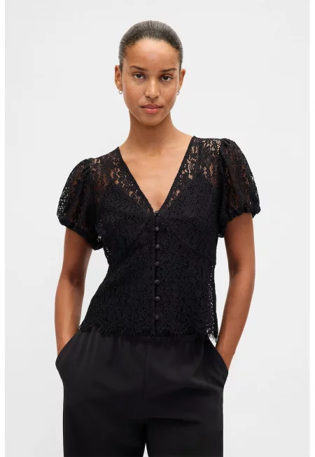 Дантелена шпиц блуза - Черен