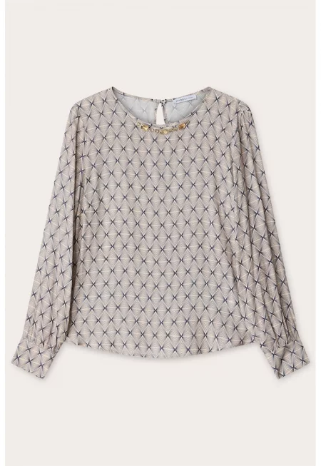 Десенирана блуза с декорирано деколте