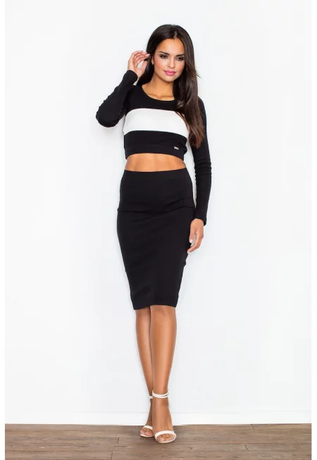 Елегантен комплект  M369 - топ с дълъг ръкав и миди пола - черен - 98% памук 2% еластан -