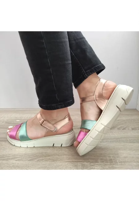 Ежедневни дамски сандали  Fr-404 розов с металик зелен и бежов - розов