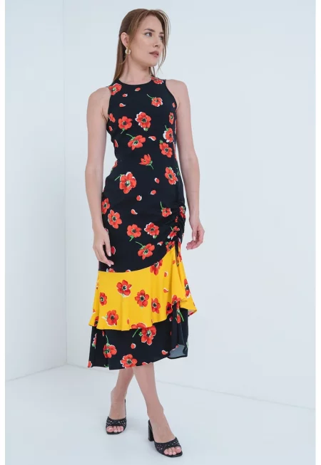 Флорална рокля - Червен/Черен/Шафраново жълто
