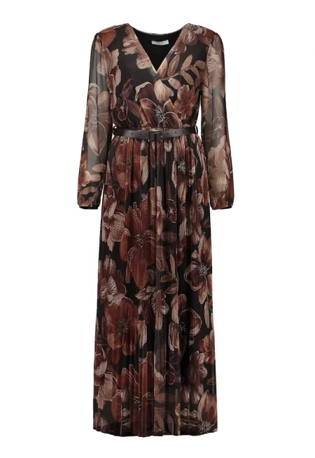 Флорална шпиц рокля - Черен/Кафяв