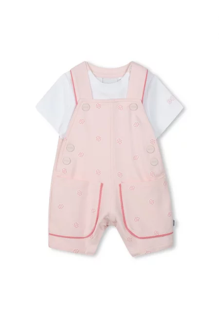 Гащеризон с десен и тениска - 2 части - Бял/Светлорозов