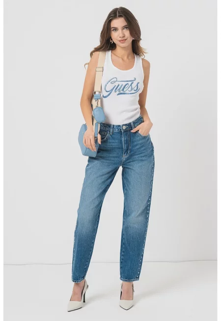 JEANS - Топ с бродирано лого и декоративни камъни