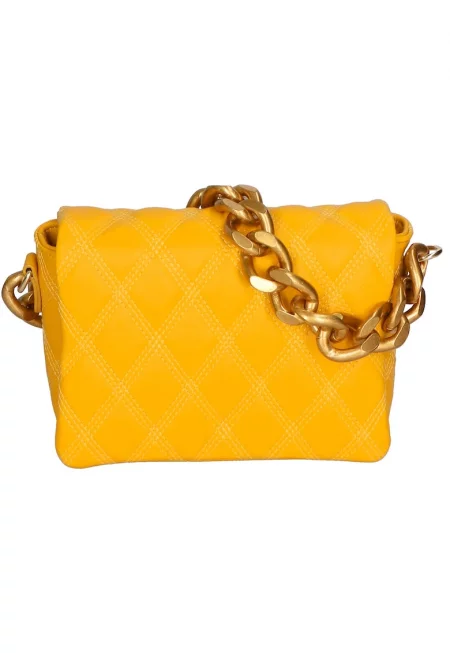 Капитонирана кожена чанта с презрамка с верижка - Жълт