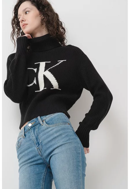 Къс пуловер с лого - Черен/Мръснобял