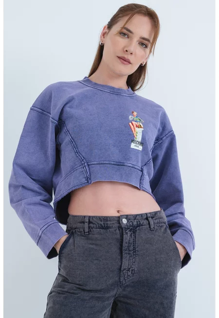 Къс суитшърт с принт - Бял/Виолетов