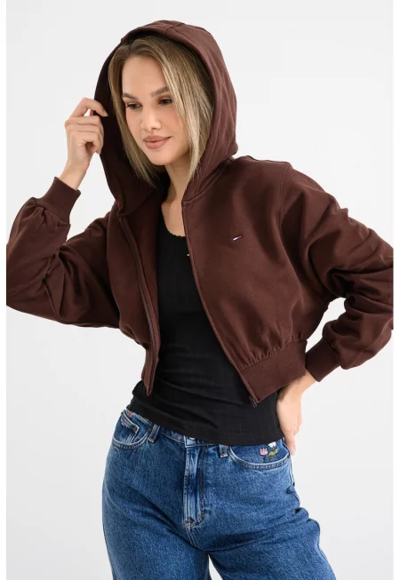 Късо свободно худи с къс цип - Кафяв