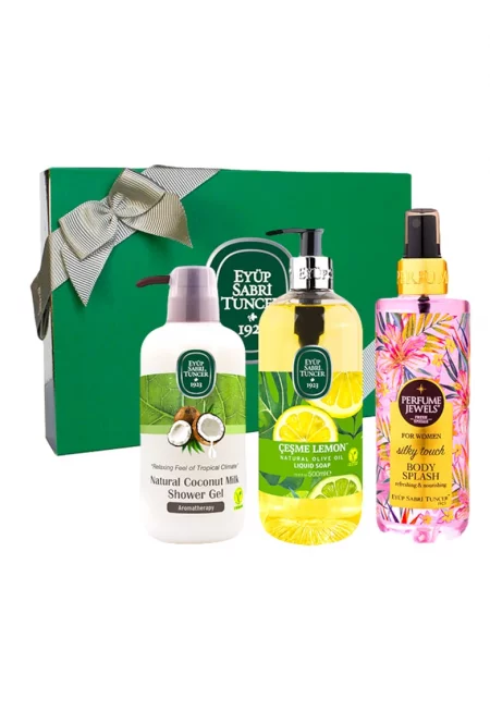 Комплект Eyup Sabri Tuncer - спрей за тяло Silky Touch 250 ml - душ гел с кокосово мляко 600 ml - течен сапун Cesme Lemon Olive Oil 500 ml