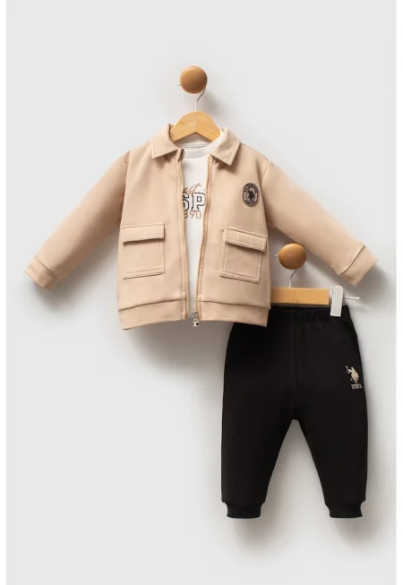 Комплект с памук - 3 части - Черен/Мръснобял/Камел