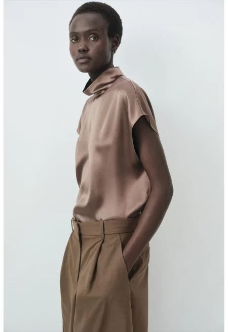 Копринена блуза с полуръкави - Тъмнокафяв