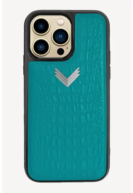 Кожен калъф за Iphone 13 Pro - Аквамарин син/Сребрист