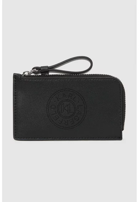 Кожен калъф за карти с джоб с цип - Черен