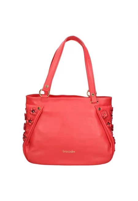 Кожена чанта през рамо с флорални апликации - Червен