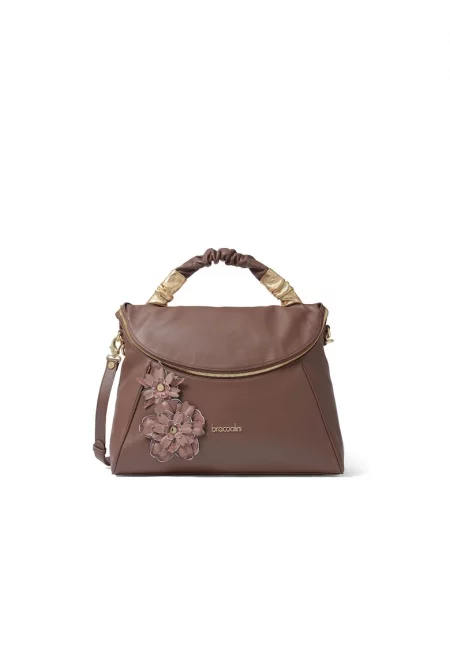 Кожена чанта с флорална апликация - Кафяв