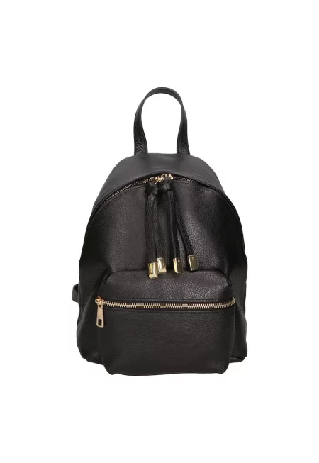 Кожена раница с преден джоб с цип - Черен