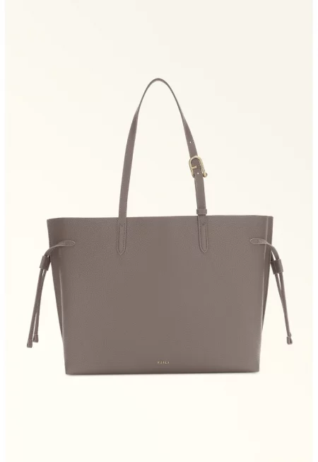 Кожена шопинг чанта с регулируема презрамка - Сив