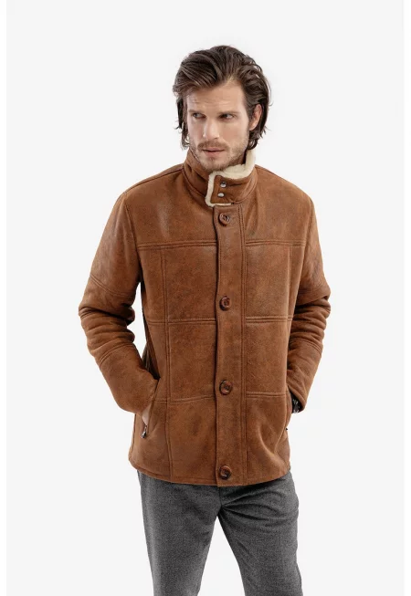 Кожено зимно яке Napalan с подплата от агнешки пух - Канелено кафяво