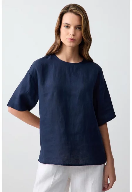 Ленена тениска със свободни ръкави - Тъмносин