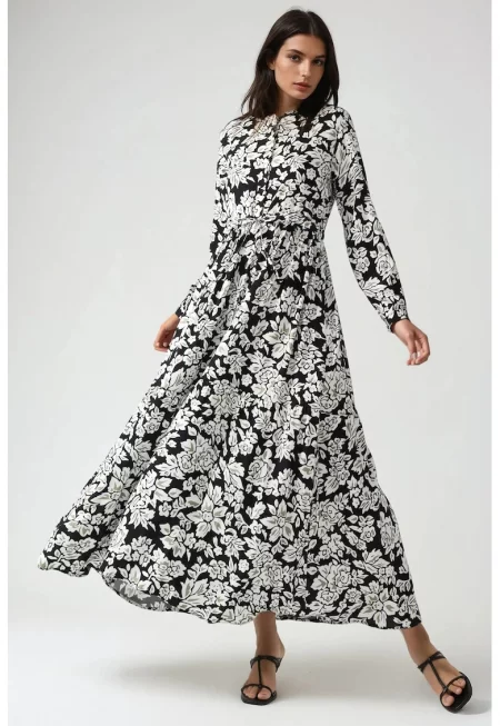 Макси рокля -  щампа - с яка тип риза - черна - фабрика