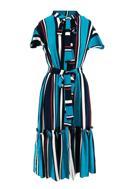 Миди рокля с голяма панделка - Черен/Син/Тъмносин