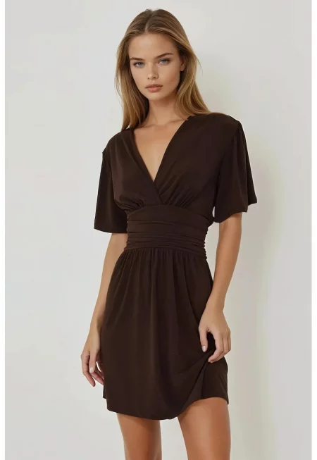 Мини рокля  V-образно деколте - кафява - джърси