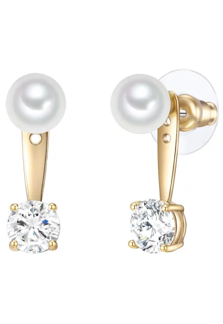 Обеци с 14К златно покритие - кристали и перли - Златист