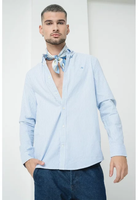 Памучна риза Oxford с райе - Бял/Светлосин