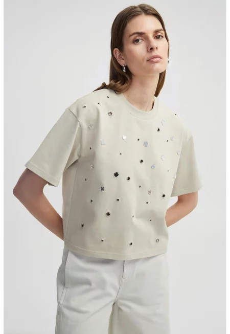 Памучна тениска с метални апликации - Светло кафяво/Сребрист