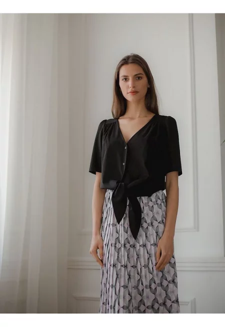 Плисирана миди пола - Ленитиф - сиво/бяло - еластична лента - полиестер - SM