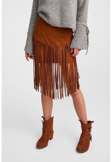 Пола от еко велур с ресни - Канелено кафяво