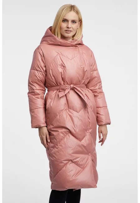 Пухено дълго яке с колан - Розова сьомга