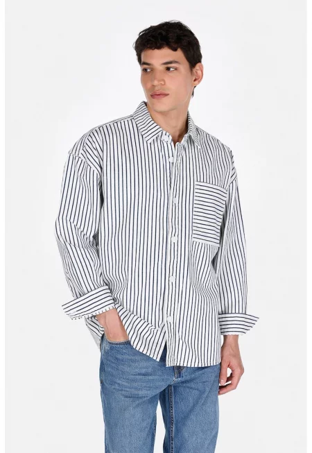 Раирана риза с дълги ръкави - Бял/Тъмносин