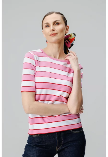 Раирана тениска с овално деколте - Бял/Светлорозов