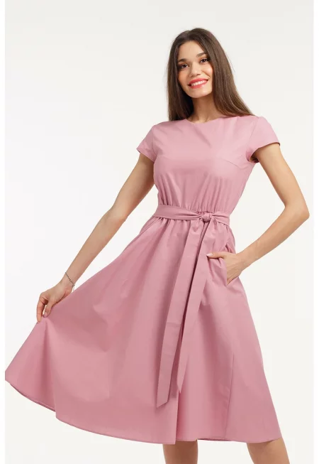 Разкроена рокля с къси ръкави - Прашно розово