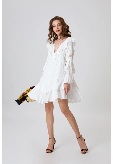 Разкроена рокля Valencia с дипли - Бял