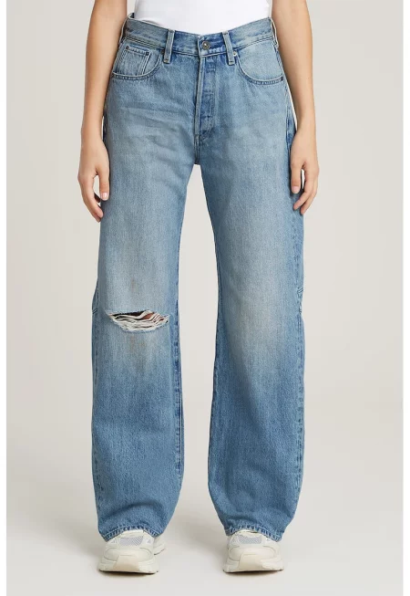 Разкроени дънки с протрит детайл - Светлосин