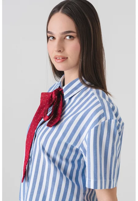 Риза с къси ръкави и райе - Бял/Пастелносин