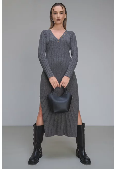 Рокля Izabel с вълна с цепки встрани - Сив