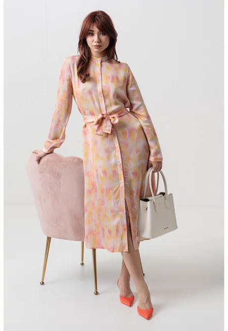 Рокля-риза с колан - Светло жълто/Бледооранжев/Бледо розово