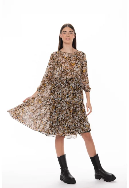Шифонена рокля Natasha с десен с листа - Черен/Кафяв/Бежов