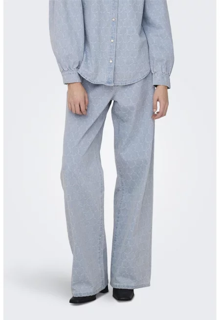 Широки дънки с принт - Светлосин