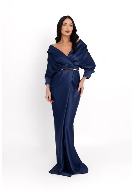 Шпиц рокля с драперии - Тъмносин