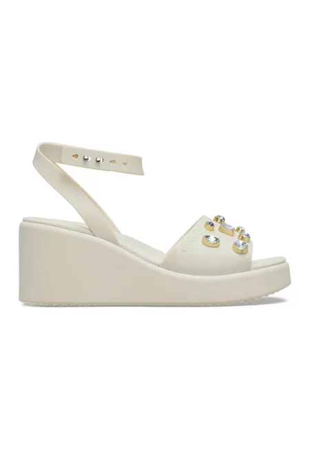 Скосени сандали с декоративни камъни - Мръснобял