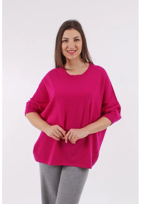 Свободен пуловер с вълна и кашмир - Фуксия